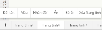 Tab trang tính đã chọn, hiển thị lệnh Đổi tên