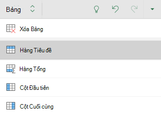 Tùy chọn hàng tiêu đề được chọn cho bảng trong Excel for Android