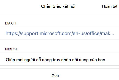 Hộp thoại Chèn Siêu kết nối trong OneNote for iOS hiển thị văn bản hiển thị liên kết Giúp mọi người và URL liên kết của nội dung dễ truy nhập.