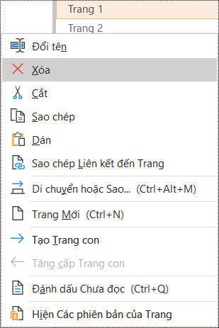 Xóa trang trong hộp thoại OneNote for Windows