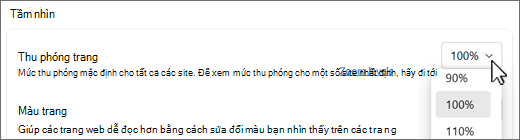 Ảnh chụp màn hình thả xuống mức thu phóng trang.