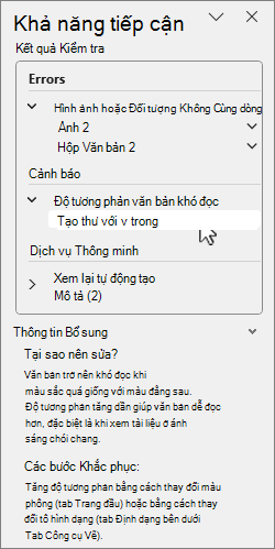 Ngăn Trợ năng với kết quả Kiểm tra