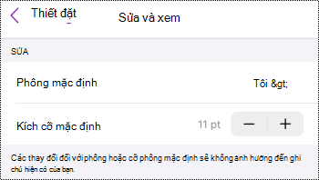 Menu Chỉnh sửa và Xem trong thiết đặt OneNote for iOS.