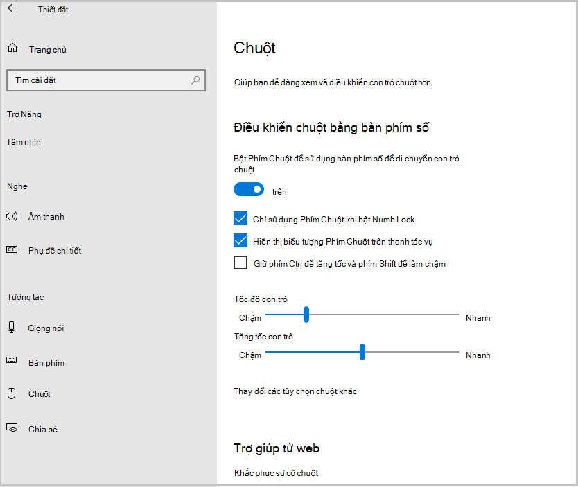 Ảnh chụp màn hình về cách bật phím Windows10Mousekey