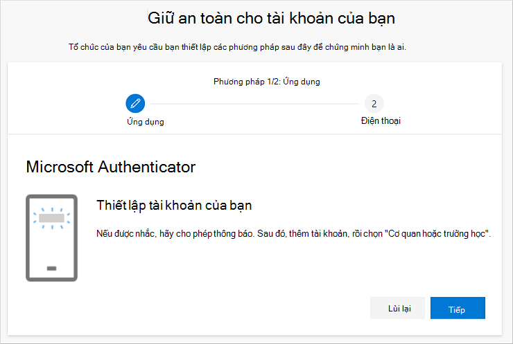Trình hướng dẫn bảo mật tài khoản của bạn, hiển thị trang Thiết lập tài khoản của bạn
