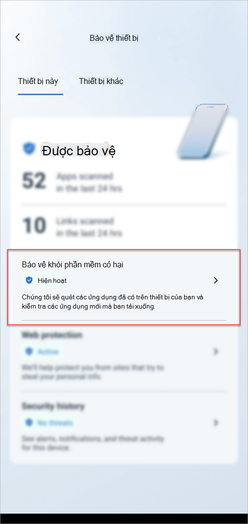 Thẻ bảo vệ thiết bị trong Microsoft Defender trên Android đang tô sáng mục Bảo vệ khỏi phần mềm độc hại.