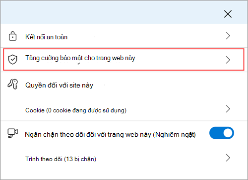 Menu thông tin trang web Microsoft Edge hiển thị tính năng Nâng cao bảo mật cho trang web này.