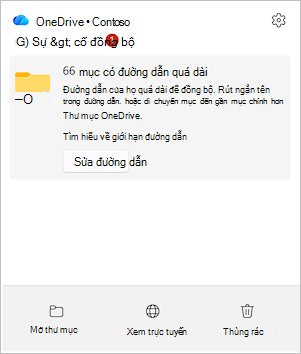 Ảnh chụp màn hình hiển thị trung tâm hoạt động OneDrive với tùy chọn Khắc phục đường dẫn.