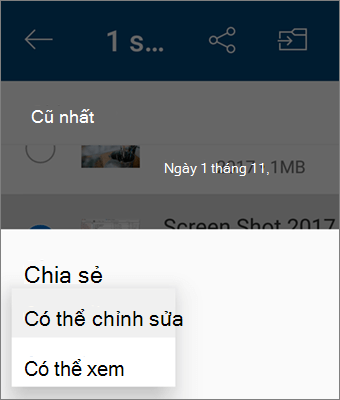 Ảnh chụp màn hình về việc thay đổi quyền trong khi chia sẻ trong ứng dụng OneDrive for Android