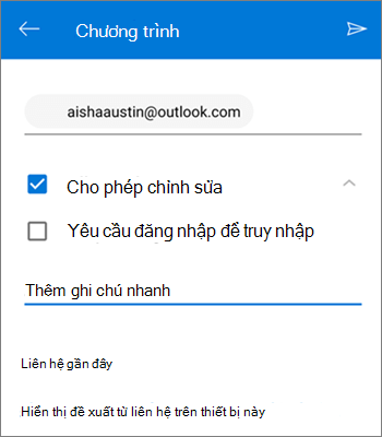 Ảnh chụp màn hình khi mời mọi người chia sẻ tệp từ OneDrive for Android