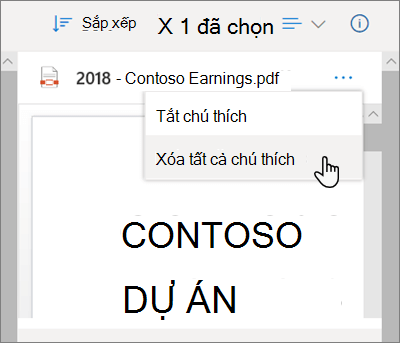 Ngăn Chi tiết OneDrive, với tùy chọn Xóa tất cả chú thích được chọn từ menu thả xuống