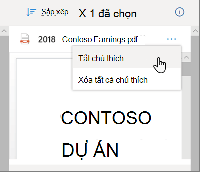 Ngăn Chi tiết OneDrive, với tùy chọn Tắt chú thích được chọn trong menu thả xuống