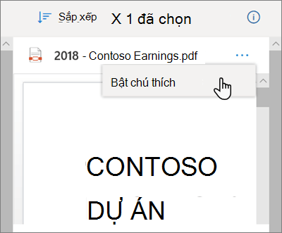 Ngăn Chi tiết OneDrive, với tùy chọn Bật chú thích được chọn trong menu thả xuống