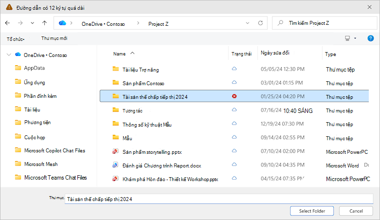 Ảnh chụp màn hình hiển thị hộp thoại thư mục chọn OneDrive.