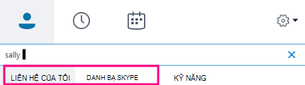 Khi bạn bắt đầu nhập văn bản vào hộp Tìm kiếm trong Skype for Business, các tab bên dưới thay đổi thành Liên hệ của Tôi và Thư mục Skype.