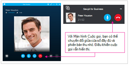Ảnh chụp màn hình của cửa sổ Skype for Business đầy đủ và cửa sổ thu nhỏ cực tiểu