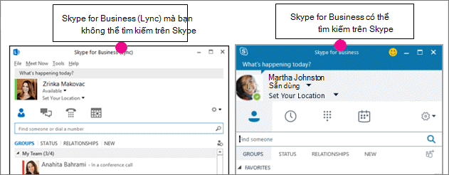 So sánh song song giữa trang liên hệ Skype for Business và trang Skype for Business (Lync)