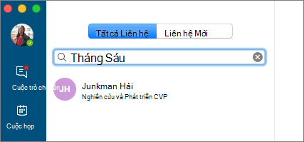 Ảnh chụp màn hình tab Liên hệ, với văn bản tìm kiếm đã nhập và kết quả tìm kiếm được hiển thị.