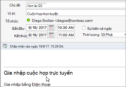 Ảnh chụp màn hình hộp thoại cuộc họp, hiển thị nối kết Gia nhập cuộc họp trực tuyến.
