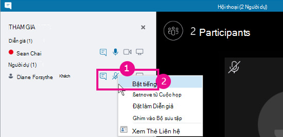Tùy chọn Bật tiếng người dự trong dạng xem hội thoại