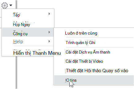 Menu Tùy chọn trong Skype for Business.