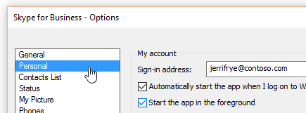 Cửa sổ Tùy chọn trong Skype for Business với tab Cá nhân được chọn.