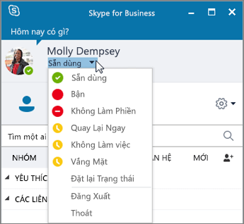 Ảnh chụp màn hình cửa sổ Skype for Business với menu Trạng thái mở.