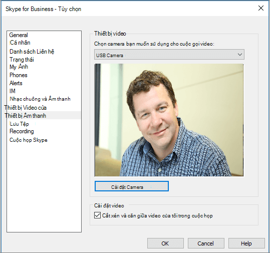 Ảnh chụp màn hình trang Thiết bị Video của hộp thoại Tùy chọn Skype for Business.