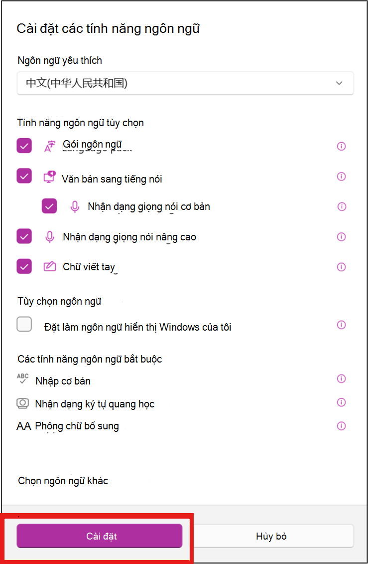 Chọn tùy chọn ngôn ngữ của bạn, rồi bấm vào Cài đặt.