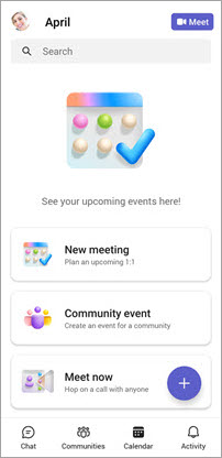 Calendar tab screen in mobile Teams Free