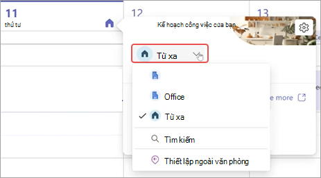 Ảnh chụp màn hình hiển thị menu thả xuống kế hoạch làm việc trong lịch Teams.