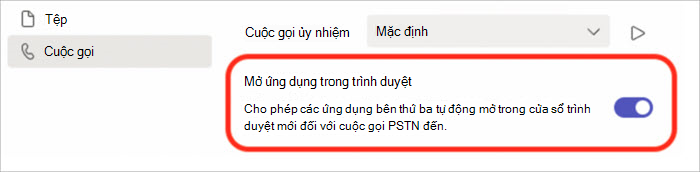 Ảnh chụp màn hình cài đặt để bật hoặc tắt trả lời cuộc gọi trong cửa sổ bật lên của trình duyệt.
