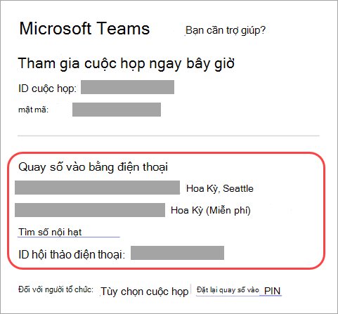 Ảnh chụp màn hình hiển thị nơi bạn có thể gọi vào cuộc họp Teams.