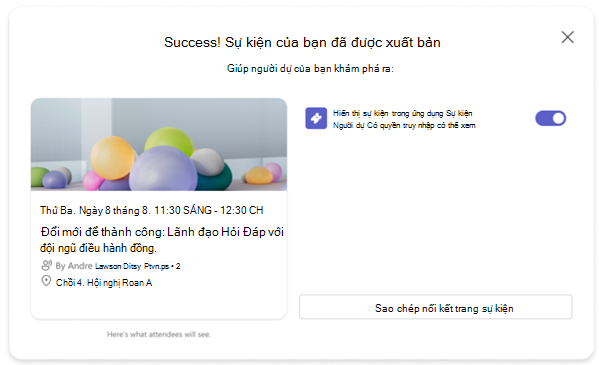 Ảnh chụp màn hình tin nhắn xác nhận sau khi phát hành sự kiện Teams