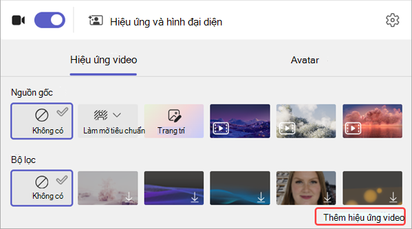 ảnh chụp màn hình các tùy chọn bộ lọc video