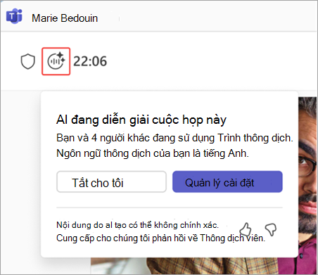 Ảnh chụp màn hình tô sáng chỉ báo Trình thông dịch trong cuộc họp Microsoft Teams.