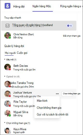 Hệ thống quản lý hàng đợi hiển thị trạng thái tác nhân và các tùy chọn để theo dõi, chọn không tham gia hoặc gọi.