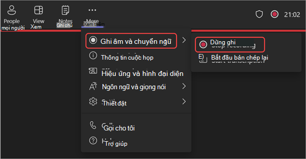 Ảnh chụp màn hình hiển thị cách dừng ghi trong hội thảo web