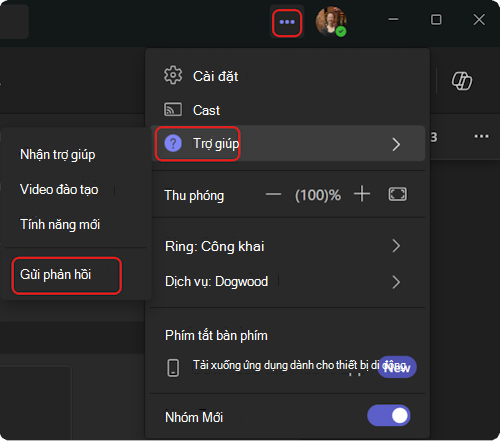 Cách truy cập menu trợ giúp trong Teams.