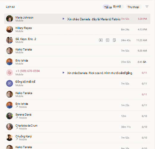 Tổng quan về màn hình Lịch sử Teams
