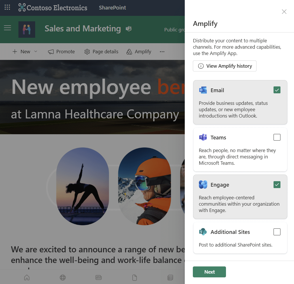 Amplify from SharePoint panel open on a SharePoint news post showing you can amplify to email, Teams, Engage, and additional sites.