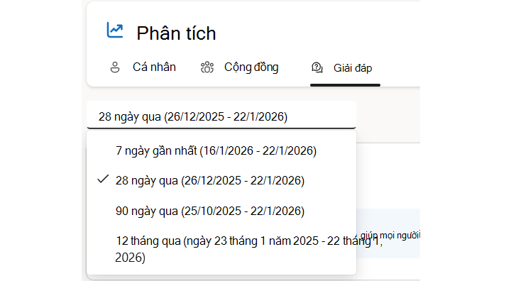 Câu trả lời cho phép lọc theo phạm vi ngày, bao gồm phạm vi Tùy chỉnh nếu cấp phép hỗ trợ tính năng này.