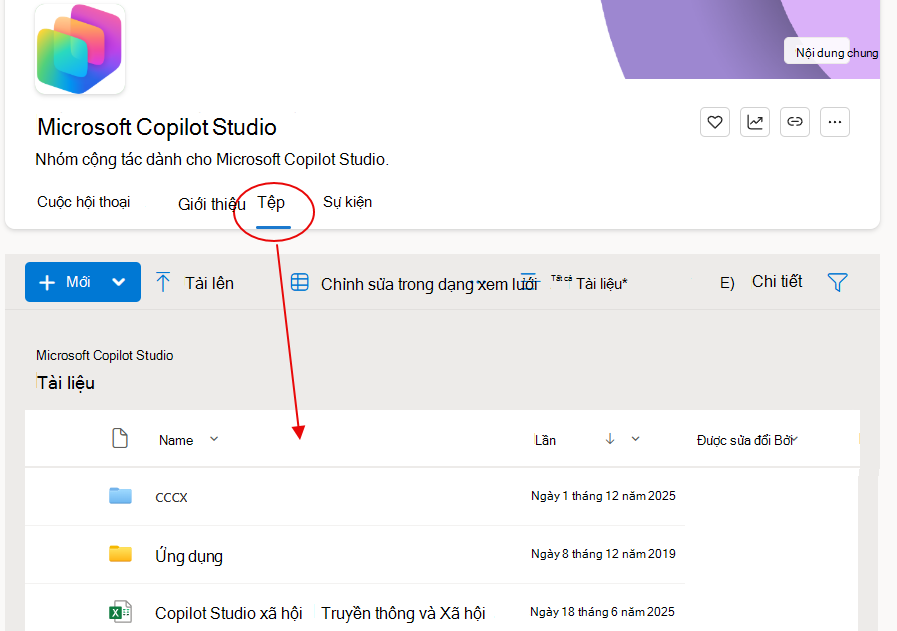 Chỉ cần mở tab Files gần biểu ngữ trên cùng của cộng đồng để xem các tệp được liên kết.