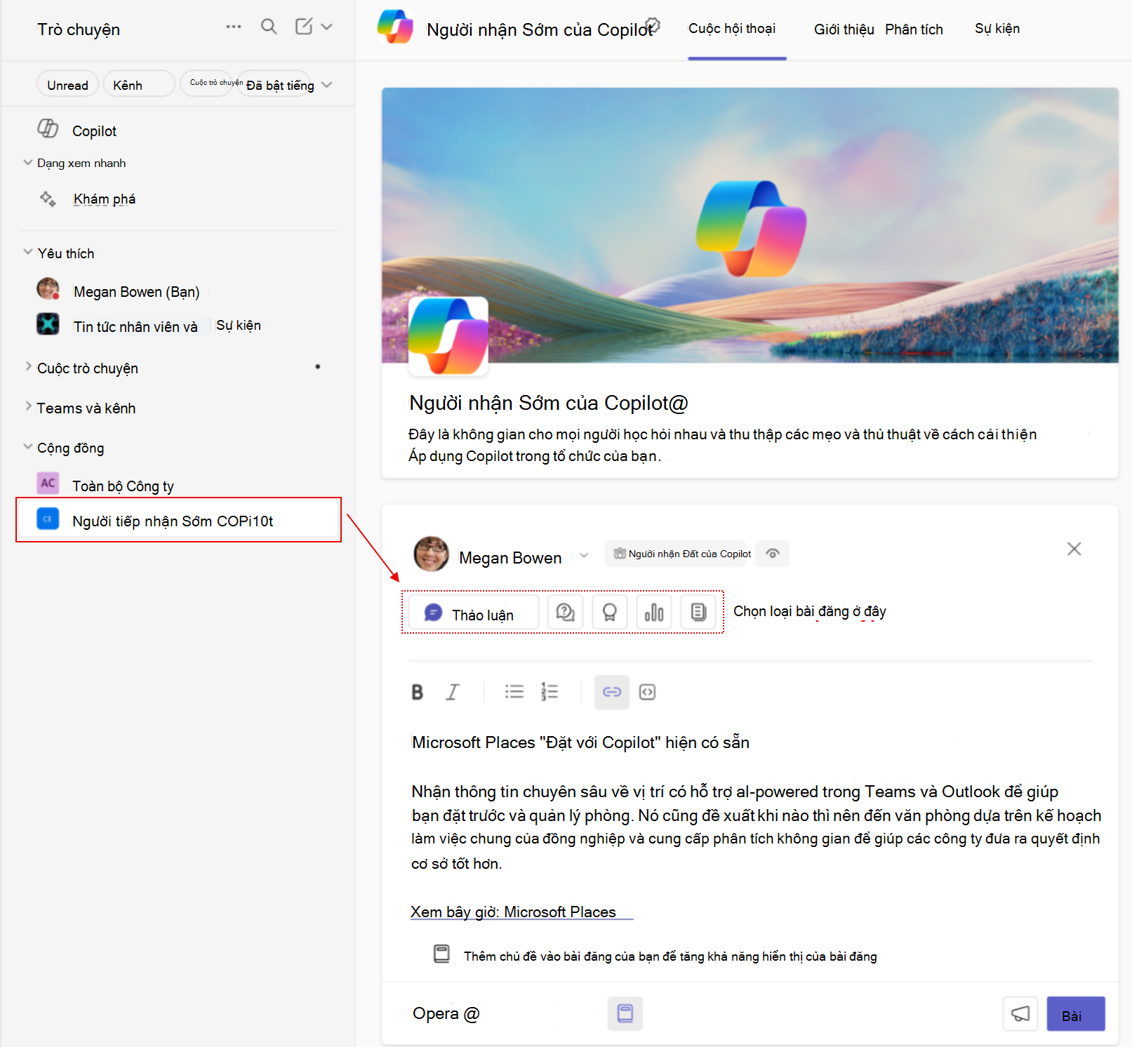 Nắp màn hình minh họa diện mạo của một bài đăng cộng Engage đồng mới trong Teams
