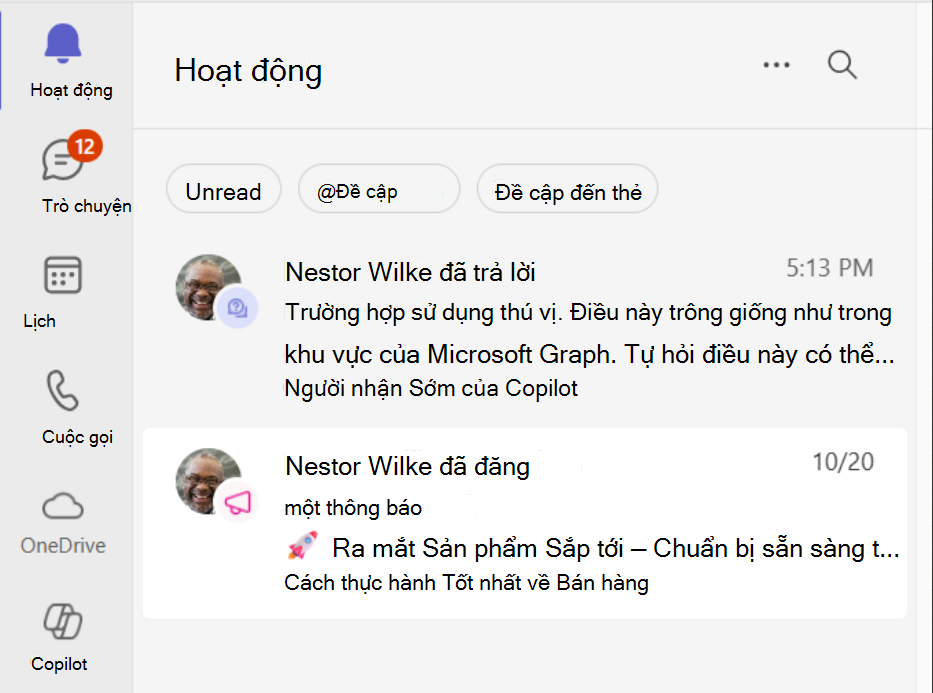 Nắp màn hình hiển thị nội dung cộng đồng trong nguồn cấp dữ liệu Hoạt động Teams