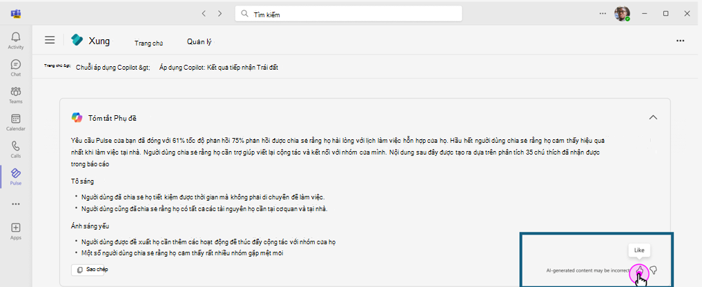 Ảnh chụp màn hình hiển thị trải nghiệm cho người dùng để gửi phản hồi của họ về tóm tắt báo cáo được tạo bằng cách sử dụng Copilot