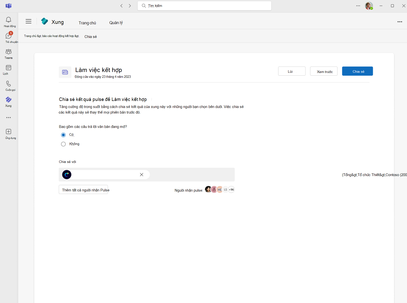 Hộp thoại Chia sẻ kết quả với Viva Pulse