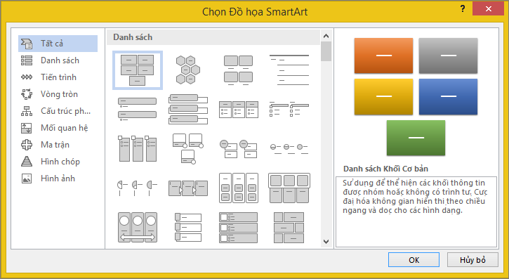 Các lựa chọn trong hộp thoại Chọn Đồ họa SmartArt