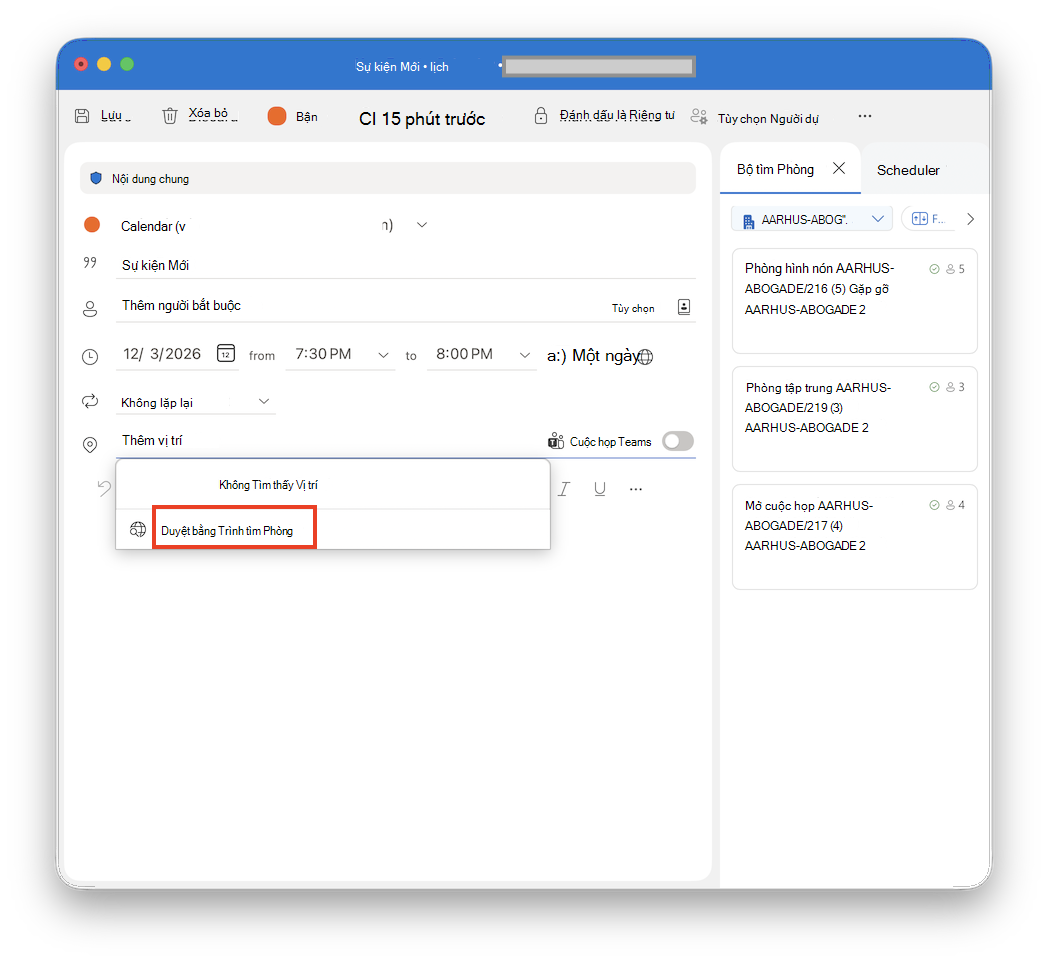 Duyệt bằng Trình tìm Phòng trong Outlook for Mac