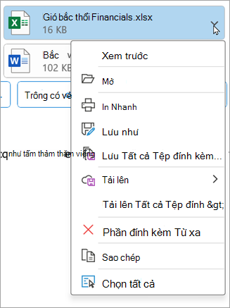 Trong các phiên bản Outlook cổ điển mới hơn, chọn mũi tên xuống bên cạnh tệp đính kèm, rồi chọn Loại bỏ Tệp đính kèm.
